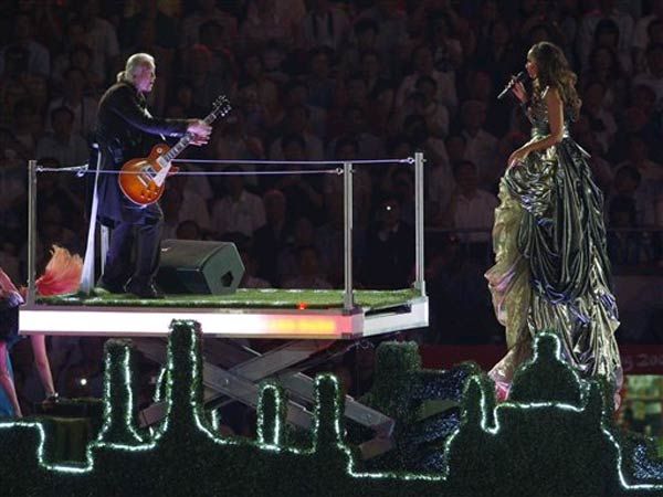Inside the bus: Led Zeppelin's Jimmy Page and singer Leona Lewis, who sang A Whole Lotta Love.